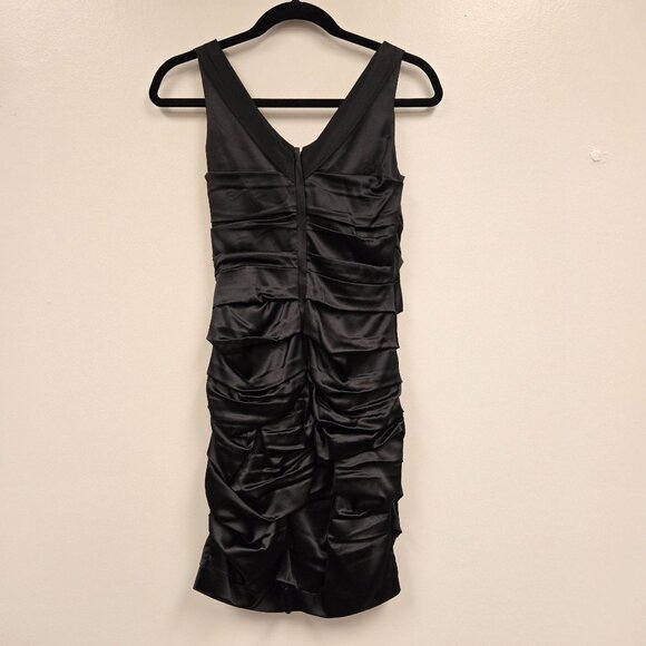Vintage Express Y2K Women's sz 2 Black Ruched Bodycon Silk Cocktail Dress Sleeve - Picture 4 of 15